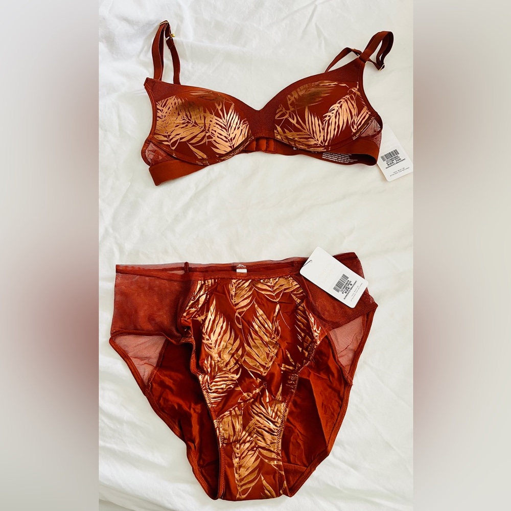Elegant Rust and Gold Leaf Print Lingerie Set by Lively - 34A bra, small pantie